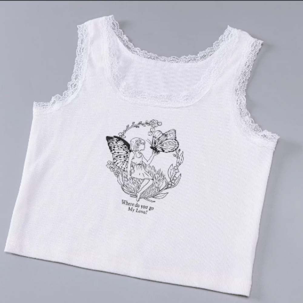 PixieKiki Cartoon Printed Lace Trim White Crop Top Fairy Grunge Summer, Size Med